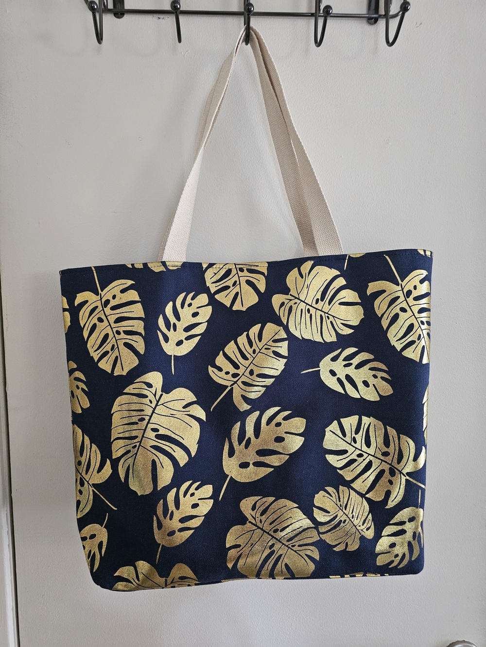 Navy Tote with Metallic Gold Leaf Print - Picture 2 of 7
